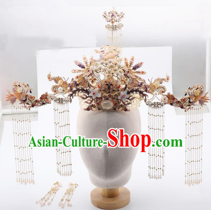 Top Chinese Traditional Hair Accessories Ancient Wedding Golden Phoenix Coronet Palace Hairpins Complete Set for Women