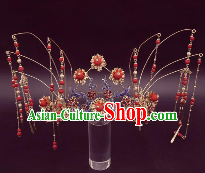 Top Chinese Traditional Hair Accessories Ancient Wedding Red Tassel Phoenix Coronet Palace Hairpins Complete Set for Women