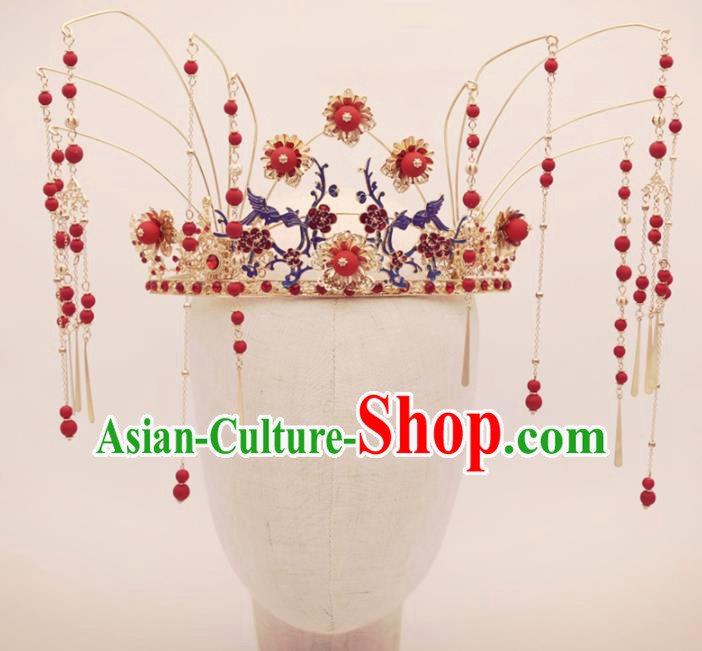 Top Chinese Traditional Hair Accessories Ancient Wedding Red Tassel Phoenix Coronet Palace Hairpins Complete Set for Women