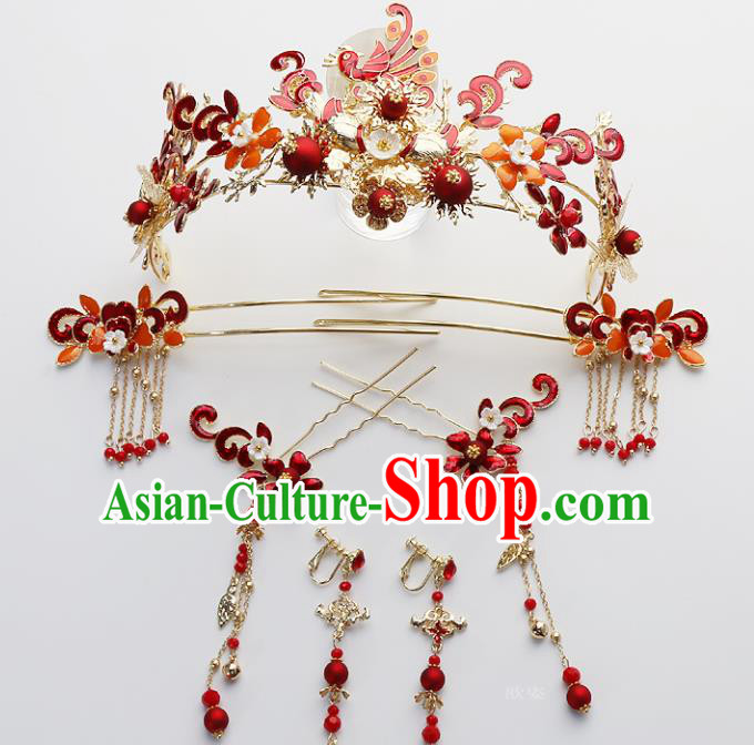 Top Chinese Traditional Wedding Hair Accessories Ancient Red Phoenix Coronet Hairpins Complete Set for Women