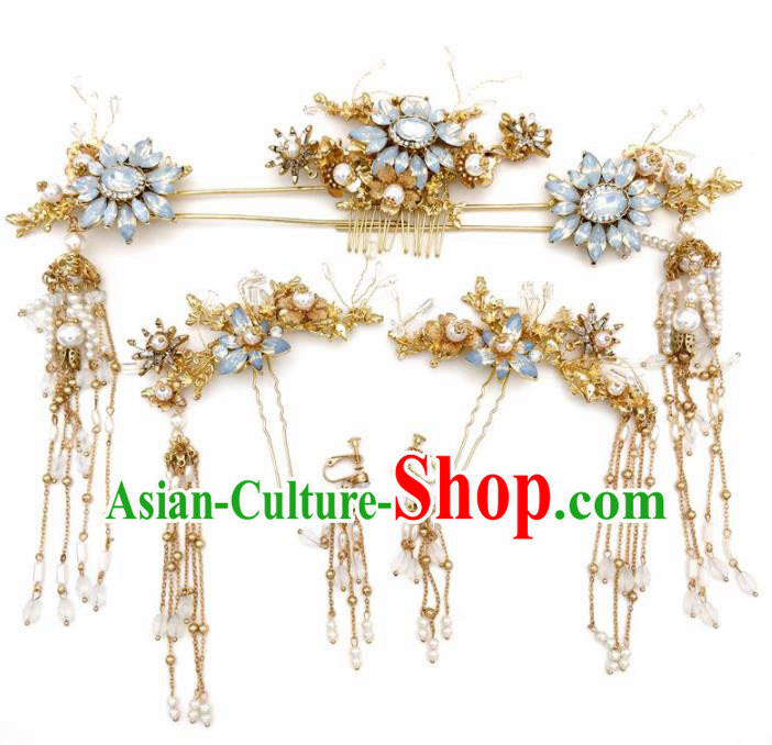 Top Chinese Traditional Wedding Hair Accessories Ancient Opal Hair Combs Hairpins Complete Set for Women
