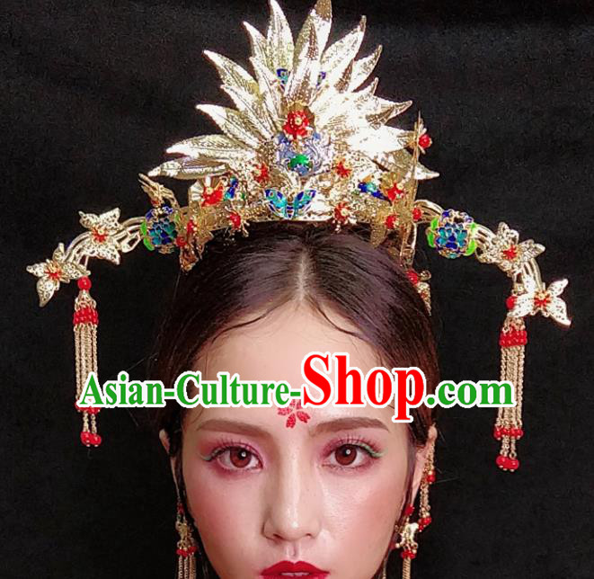 Top Chinese Traditional Wedding Hair Accessories Ancient Lotus Phoenix Coronet Hairpins Complete Set for Women