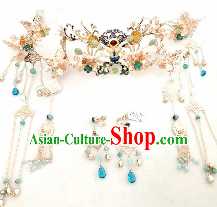 Top Chinese Traditional Wedding Hair Accessories Ancient Blueing Phoenix Coronet Hairpins Complete Set for Women