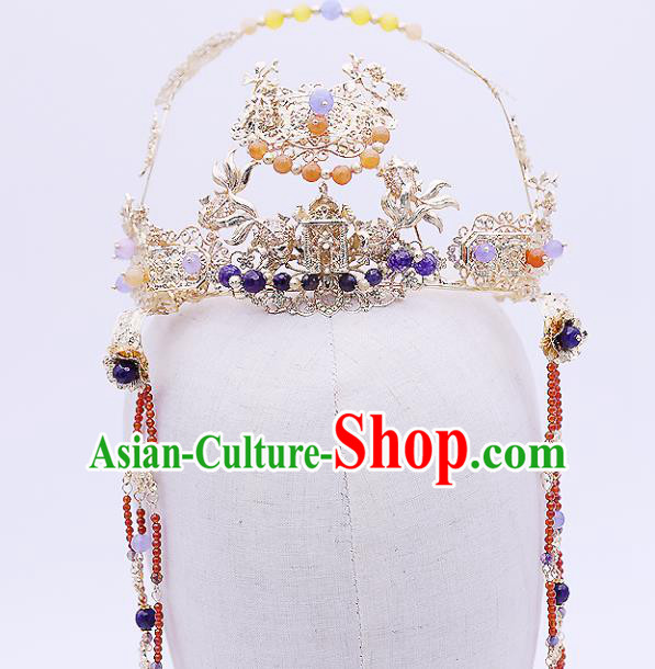 Top Chinese Ancient Traditional Wedding Hair Accessories Golden Phoenix Coronet Hairpins Complete Set for Women