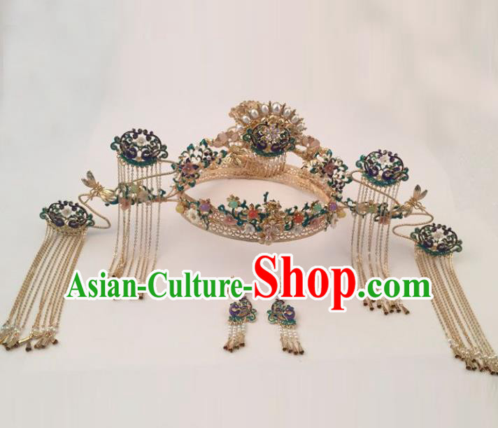 Top Chinese Ancient Traditional Wedding Hair Accessories Cloisonne Phoenix Coronet Hairpins Complete Set for Women