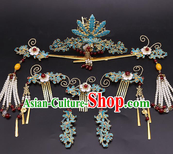 Top Chinese Ancient Traditional Cloisonne Hair Accessories Wedding Phoenix Coronet Hairpins Complete Set for Women