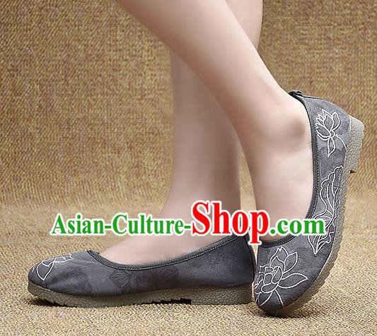 Chinese Shoes Wedding Shoes Traditional Embroidered Lotus Shoes Bride Grey Shoes for Women