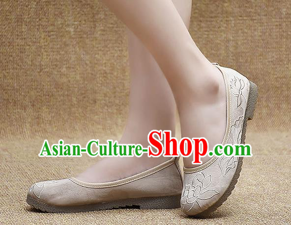 Chinese Shoes Wedding Shoes Traditional Embroidered Lotus Shoes Bride Beige Shoes for Women