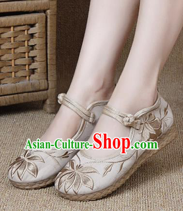 Chinese Shoes Wedding Shoes Traditional Embroidered Shoes Embroidery Lotus Beige Hanfu Shoes for Women