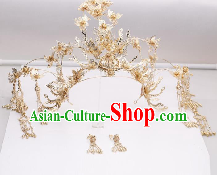 Top Chinese Traditional Wedding Hair Accessories Classical Golden Phoenix Coronet Hairpins Headdress for Women