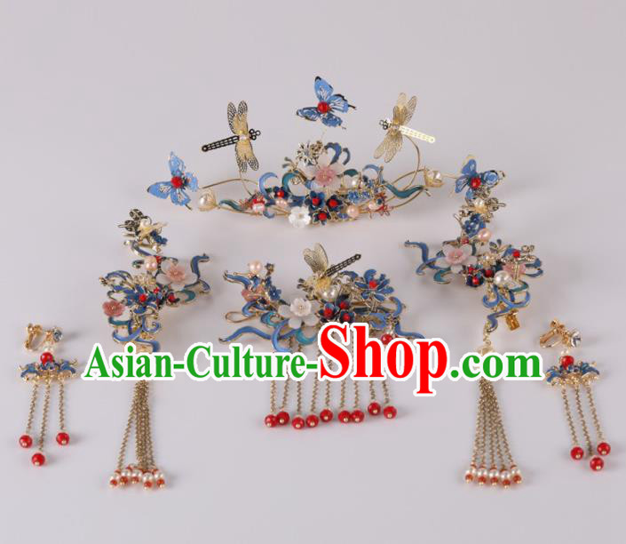 Top Chinese Traditional Wedding Hair Accessories Classical Phoenix Coronet Blue Butterfly Hairpins Headdress for Women