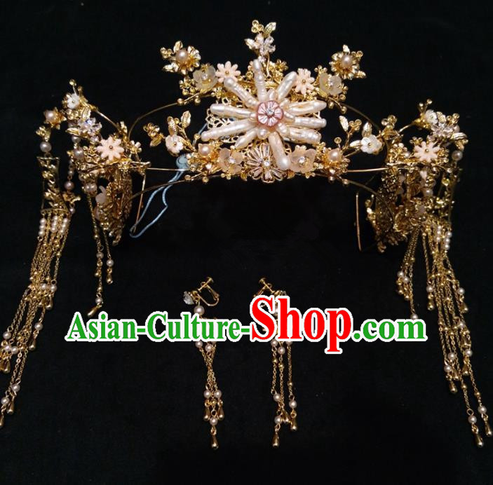 Top Chinese Traditional Wedding Hair Accessories Classical Pearls Phoenix Coronet Hairpins Headdress for Women