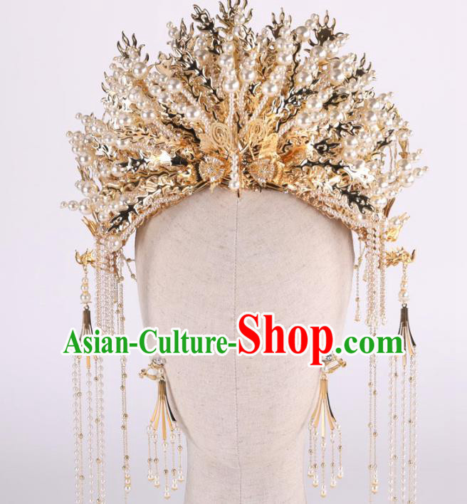 Top Chinese Traditional Wedding Hair Accessories Ancient Golden Tassel Phoenix Coronet Hairpins Headdress for Women