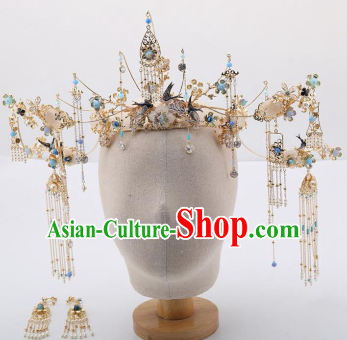 Top Chinese Traditional Wedding Hair Accessories Ancient Palace Blue Tassel Phoenix Coronet Hairpins for Women