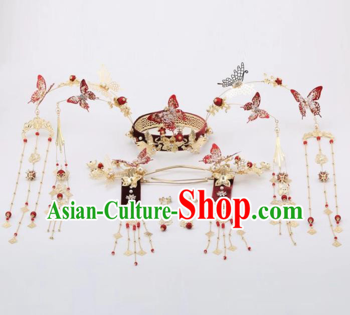 Top Chinese Traditional Wedding Hair Accessories Ancient Palace Red Butterfly Phoenix Coronet Hairpins for Women