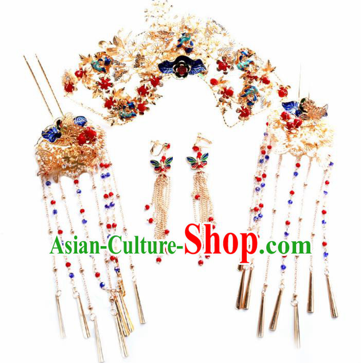 Top Chinese Traditional Wedding Hair Accessories Ancient Blueing Phoenix Coronet Hairpins Complete Set for Women