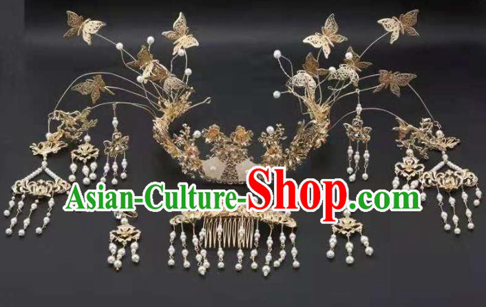 Top Chinese Traditional Wedding Hair Accessories Ancient Golden Butterfly Phoenix Coronet Hairpins Complete Set for Women