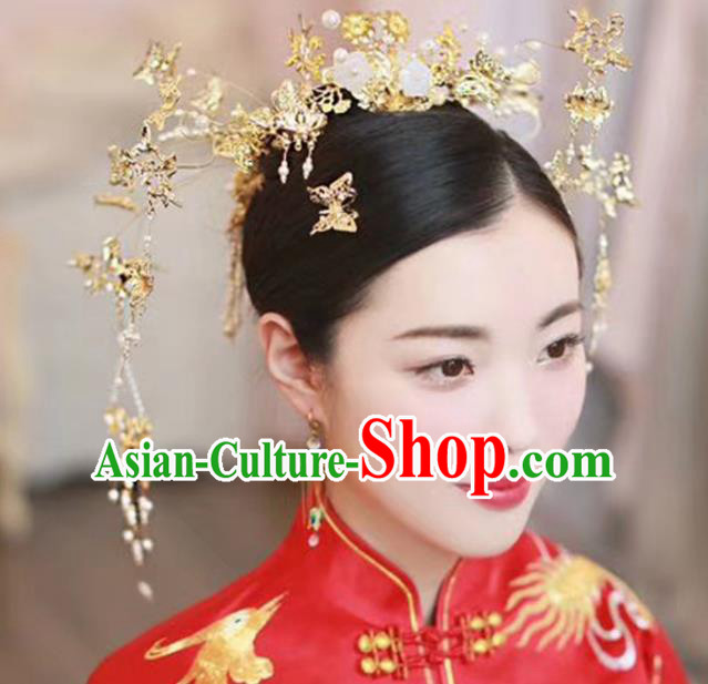 Top Chinese Traditional Wedding Hair Accessories Ancient Golden Butterfly Phoenix Coronet Hairpins Complete Set for Women