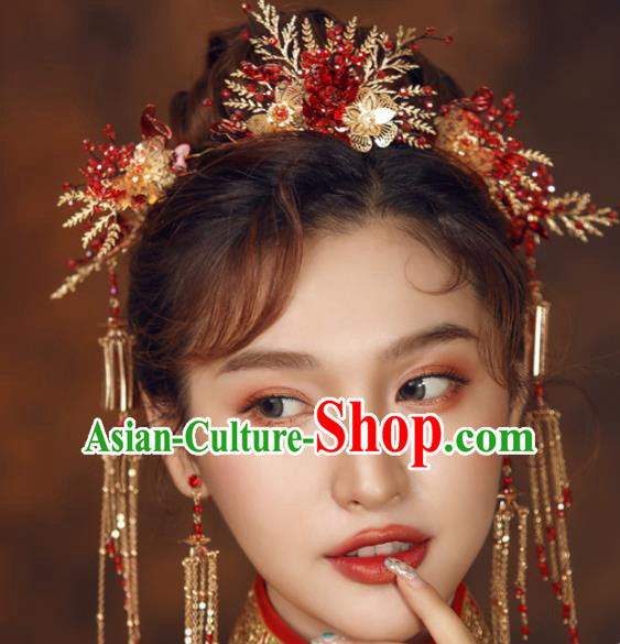 Top Chinese Traditional Wedding Hair Accessories Ancient Red Flowers Hairpins Complete Set for Women