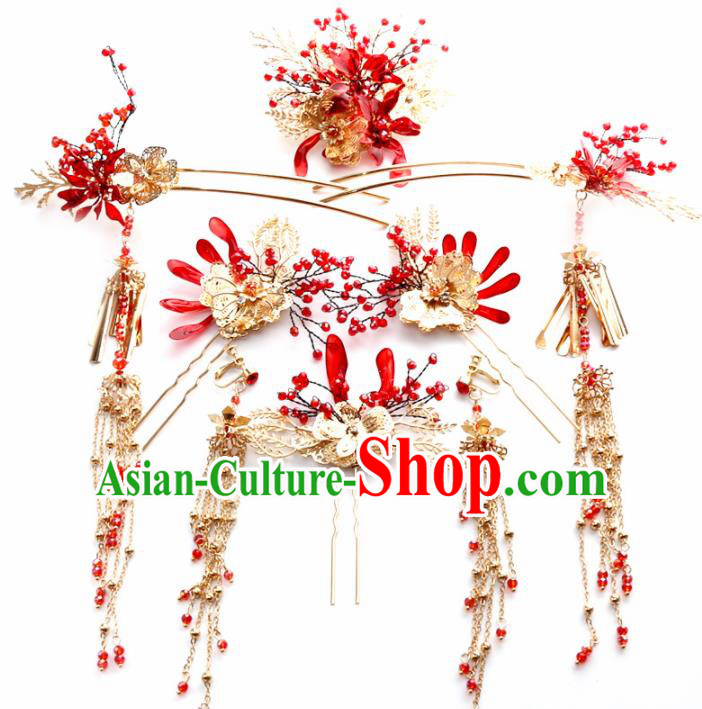 Top Chinese Traditional Wedding Hair Accessories Ancient Red Flowers Hairpins Complete Set for Women