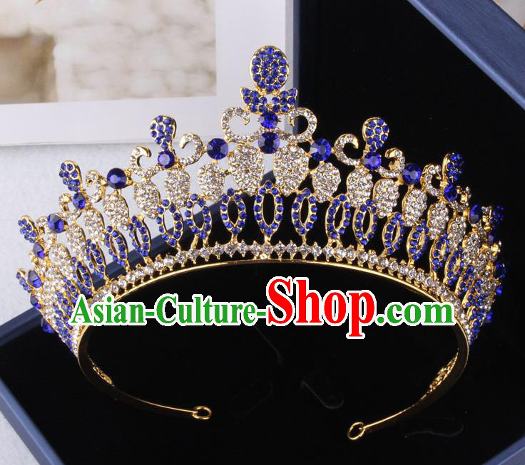 Top Grade Gothic Hair Accessories Catwalks Princess Blue Crystal Royal Crown for Women