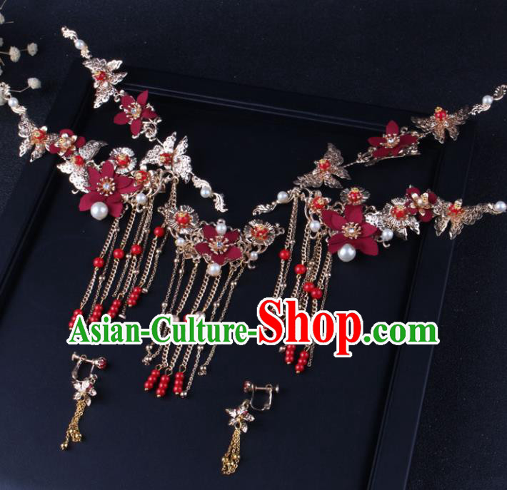 Top Chinese Traditional Hair Accessories Wedding Red Flowers Hair Claws Hairpins for Women