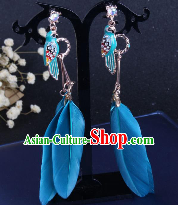 Top Grade Gothic Ear Accessories Catwalks Blue Feather Earrings for Women