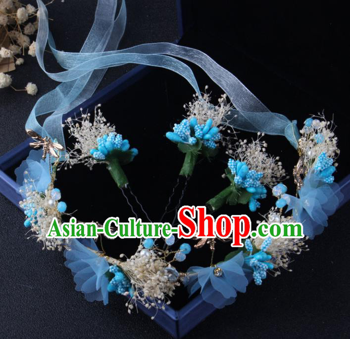 Top Grade Baroque Hair Accessories Catwalks Blue Flowers Garland Hairpins for Women