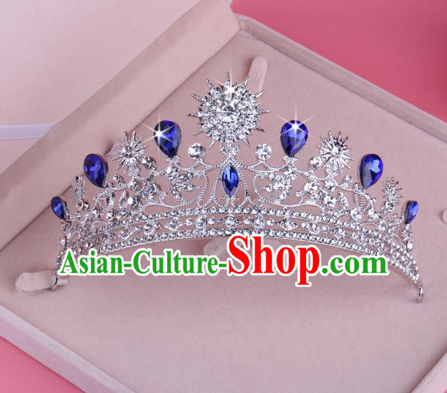Top Grade Baroque Hair Accessories Catwalks Blue Crystal Zircon Royal Crown for Women