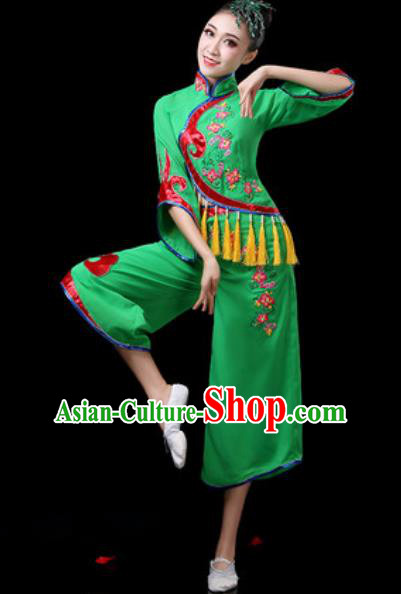 Chinese Traditional Folk Dance Costumes Fan Dance Group Dance Green Dress for Women