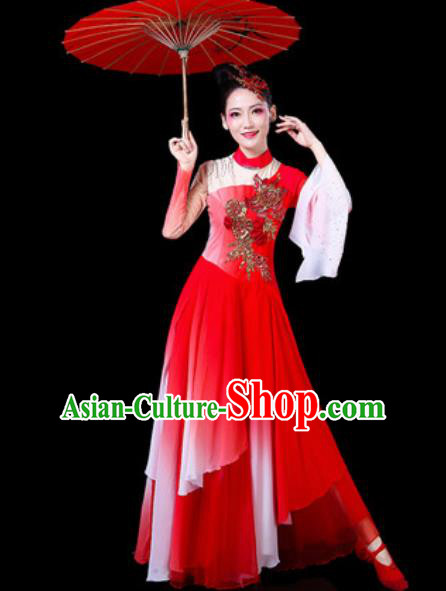 Chinese Traditional Classical Dance Costumes Umbrella Dance Group Dance Red Dress for Women