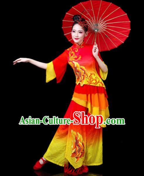 Chinese Traditional Folk Dance Costumes Fan Dance Yangko Group Dance Red Dress for Women