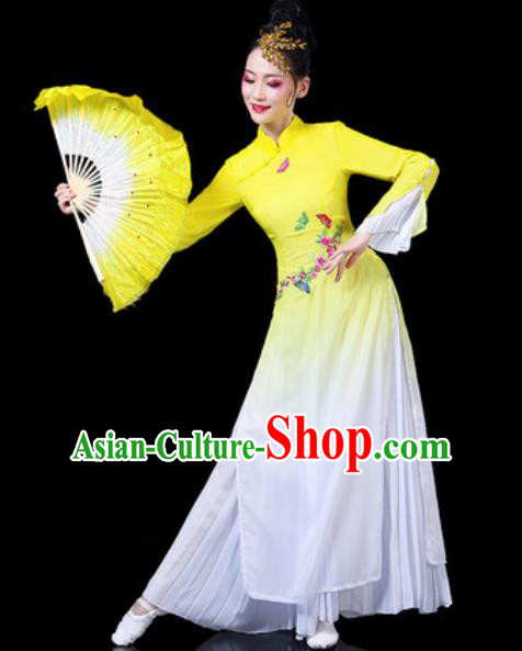 Chinese Traditional Classical Dance Costumes Umbrella Dance Group Dance Yellow Dress for Women