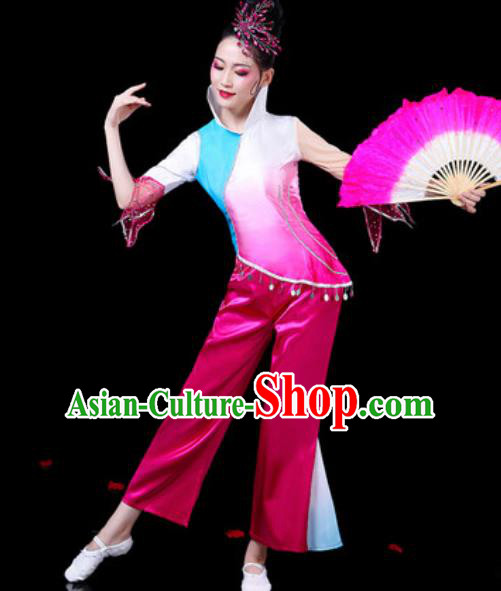 Chinese Traditional Folk Dance Costumes Fan Dance Yangko Group Dance Rosy Clothing for Women