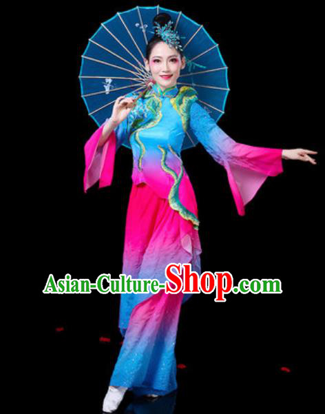 Chinese Traditional Folk Dance Costumes Fan Dance Yangko Group Dance Blue Clothing for Women