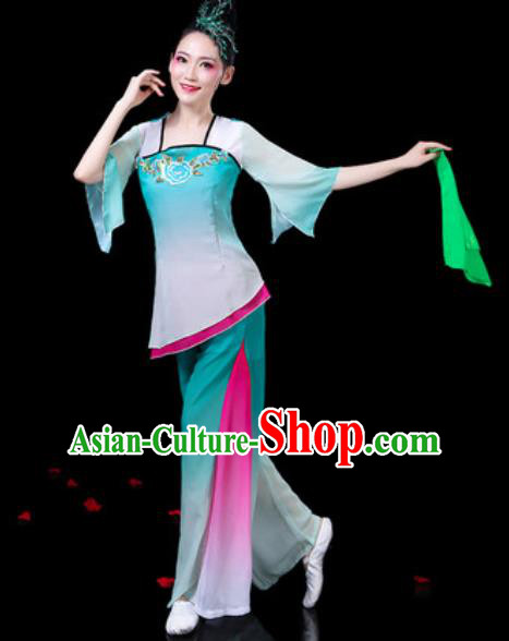 Chinese Traditional Folk Dance Costumes Umbrella Dance Yangko Group Dance Green Clothing for Women