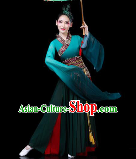 Chinese Classical Dance Costumes Traditional Umbrella Dance Group Dance Atrovirens Dress for Women