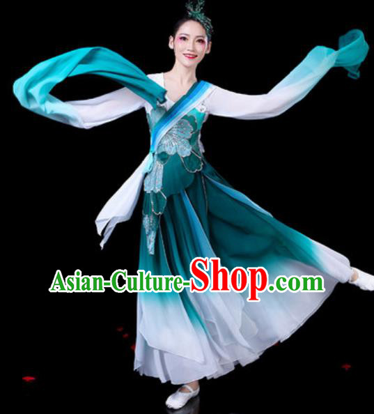 Chinese Classical Dance Costumes Traditional Umbrella Dance Water Sleeve Blue Dress for Women
