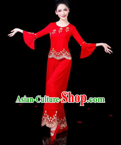 Chinese Traditional Folk Dance Costumes Fan Dance Yangko Group Dance Red Clothing for Women