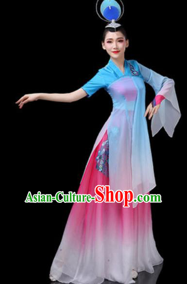 Chinese Traditional Classical Dance Costumes Fan Dance Group Dance Blue Dress for Women