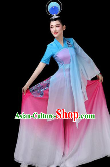 Chinese Traditional Classical Dance Costumes Fan Dance Group Dance Blue Dress for Women