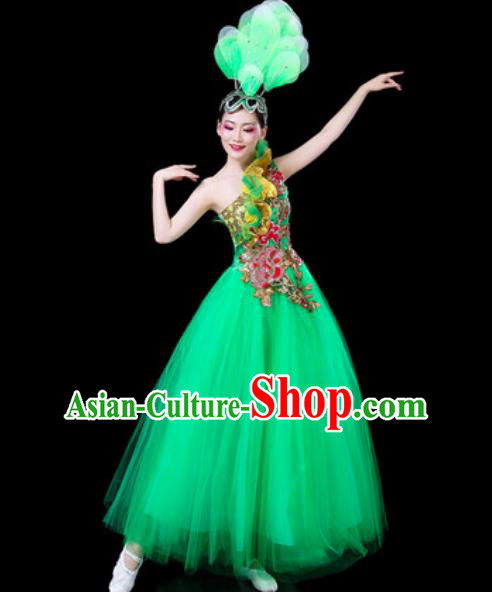 Top Grade Stage Show Chorus Costumes Group Dance Modern Dance Green Veil Dress for Women