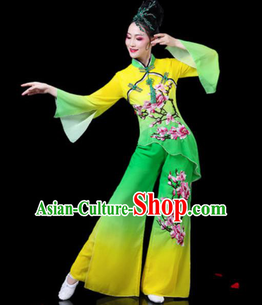 Chinese Traditional Folk Dance Yangko Costumes Fan Dance Drum Dance Green Clothing for Women