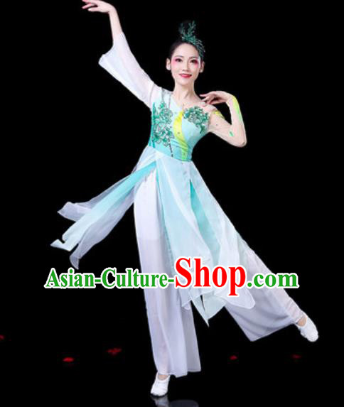 Chinese Classical Dance Umbrella Dance Costumes Traditional Lotus Dance Light Blue Dress for Women