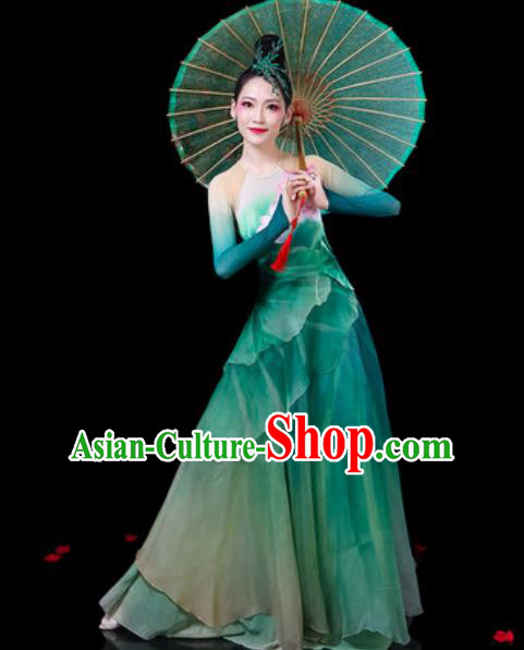 Chinese Classical Dance Umbrella Dance Costumes Traditional Lotus Dance Green Dress for Women