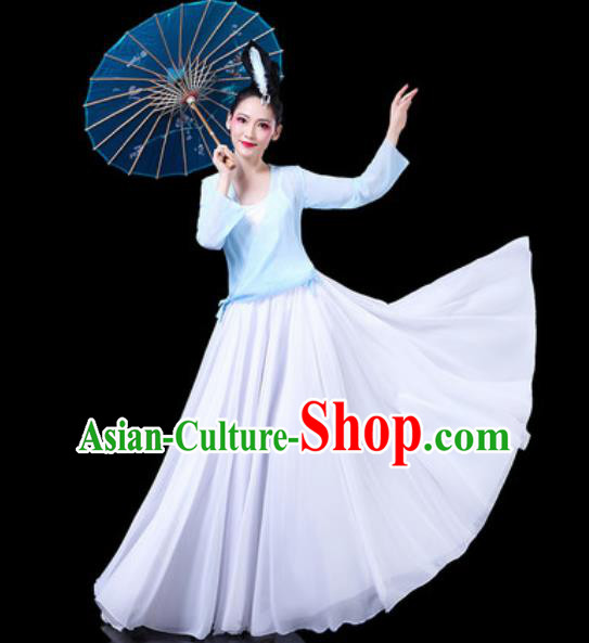 Chinese Classical Dance Costumes Traditional Chorus Umbrella Dance Blue Dress for Women