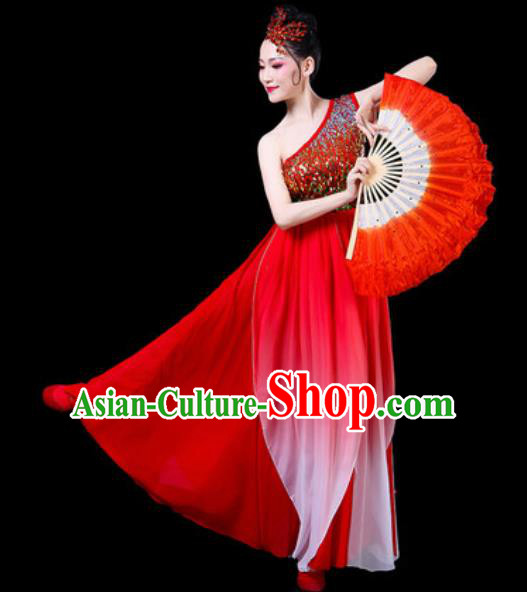 Chinese Classical Fan Dance Costumes Traditional Chorus Umbrella Dance Red Dress for Women