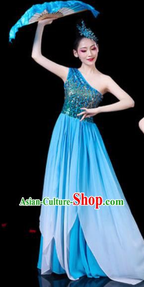 Chinese Classical Fan Dance Costumes Traditional Chorus Umbrella Dance Blue Dress for Women