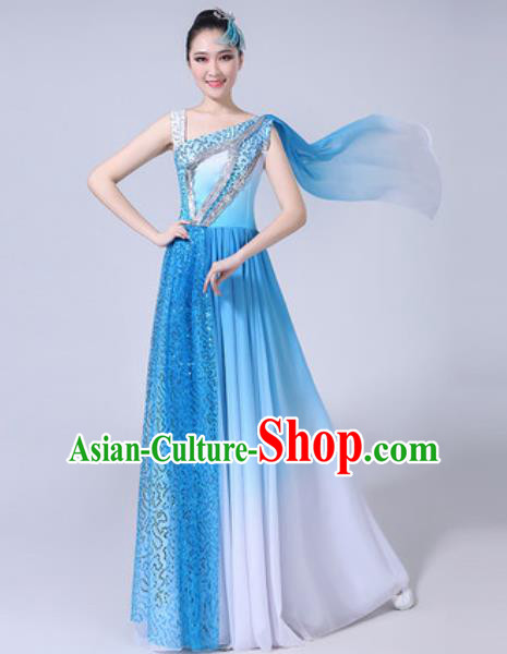 Top Grade Stage Show Costumes Modern Dance Chorus Group Blue Long Dress for Women