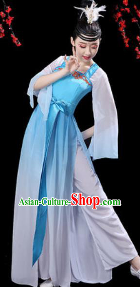 Chinese Classical Dance Umbrella Dance Blue Dress Traditional Chorus Costumes for Women